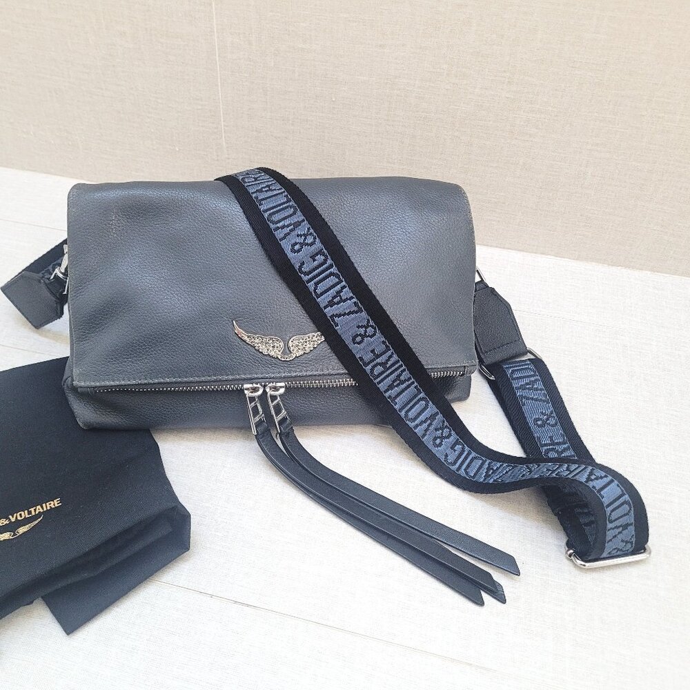 ZADIG & VOLTAIRE ROCKY GRAINED LEATHER CROSSBODY BAG BLEU DE GRIS (blue gray)